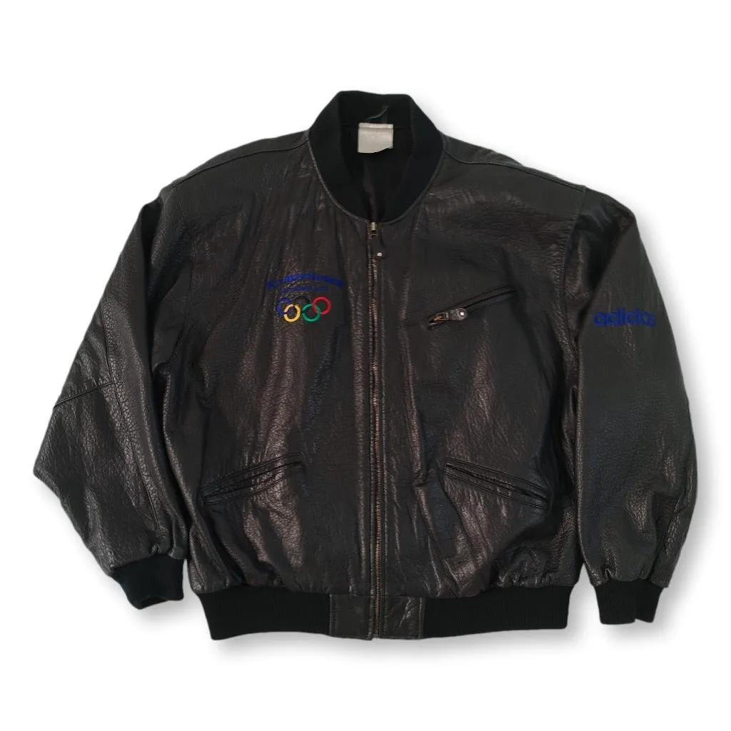 80s black Adidas Olympics leather jacket