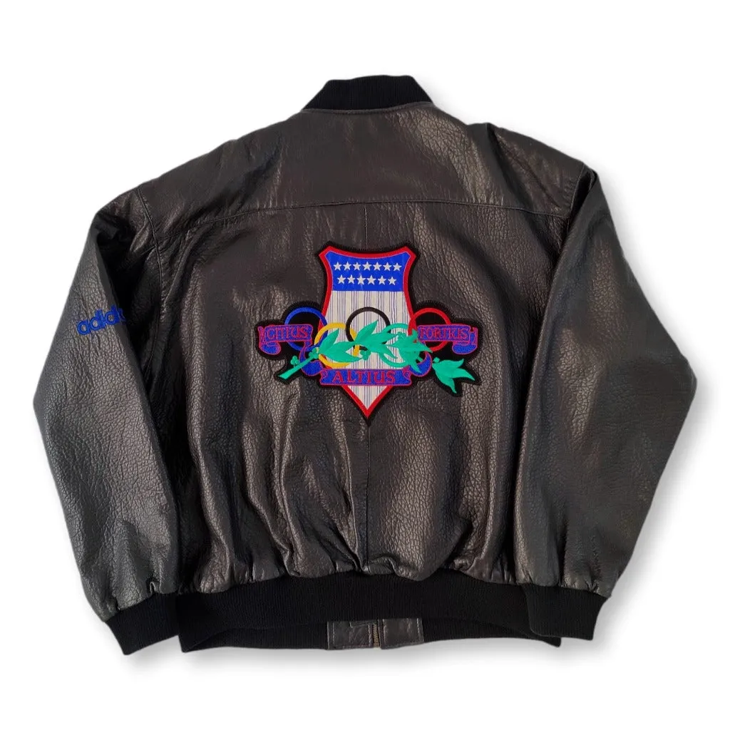 80s black Adidas Olympics leather jacket