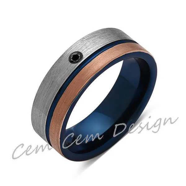 8mm,Black Diamond,Brushed Rose Gold,Gun Metal Gray and Blue,Tungsten Ring,Mens Wedding Band,Blue Mens Ring