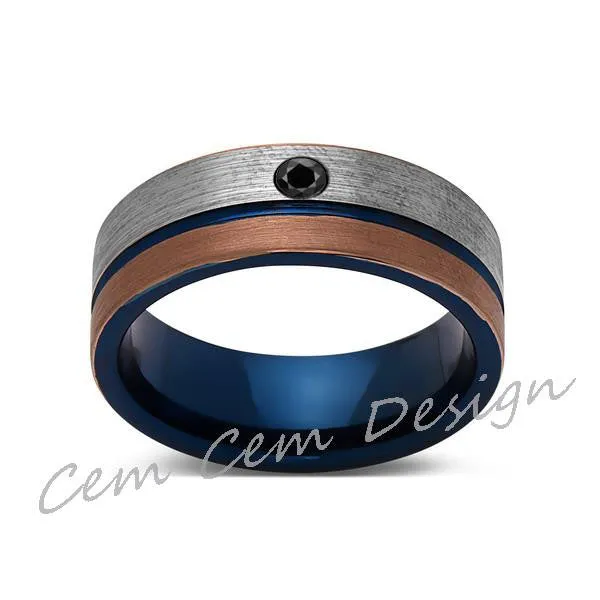 8mm,Black Diamond,Brushed Rose Gold,Gun Metal Gray and Blue,Tungsten Ring,Mens Wedding Band,Blue Mens Ring