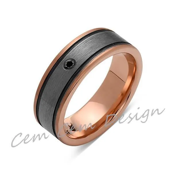 8mm,Black Diamond,New,Unique,Rose Brushed,Rose Gold, Black Grooves,Tungsten Ring,Mens Wedding Band,Comfort Fit