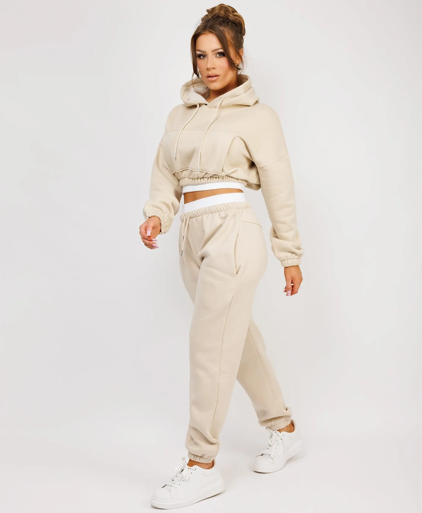 Beige Ribbed Hem Cropped Hoodie And Joggers Tracksuit