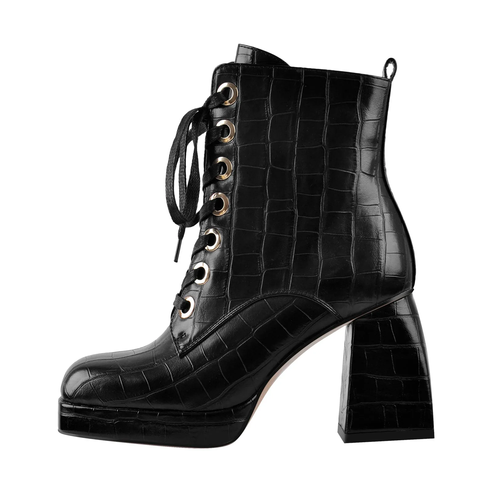 Black and white ankle boots with stone detail, square toe, lace-up, and zipper closure, featuring chunky heels