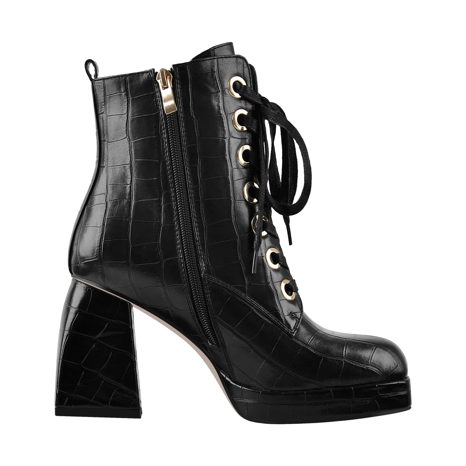 Black and white ankle boots with stone detail, square toe, lace-up, and zipper closure, featuring chunky heels