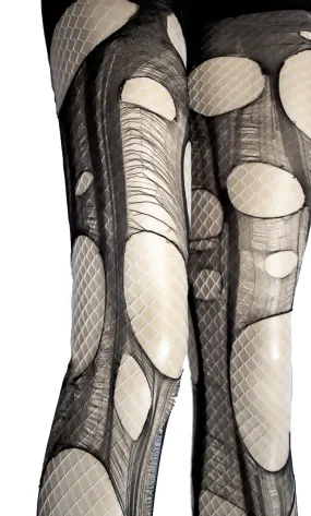 Black and white distressed fishnet stockings