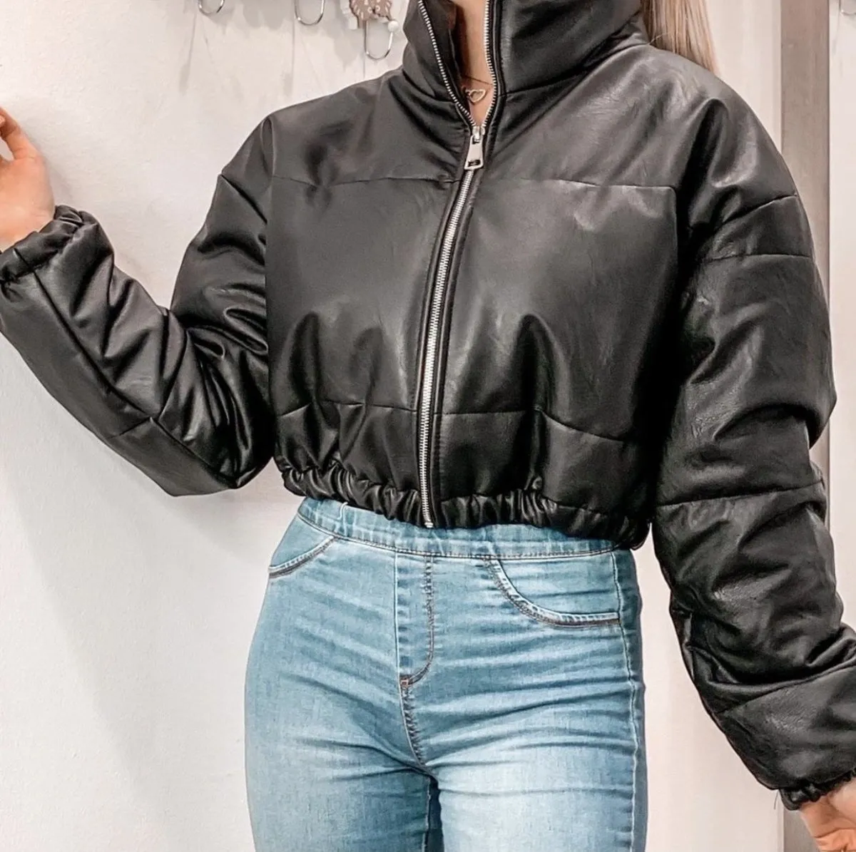 Black faux leather bomber