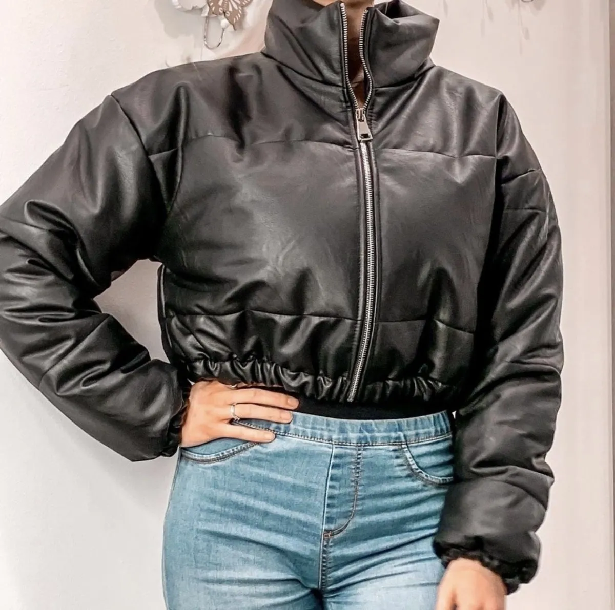 Black faux leather bomber