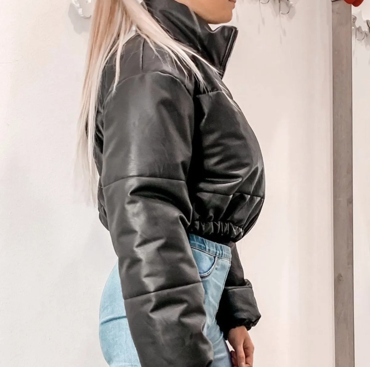 Black faux leather bomber