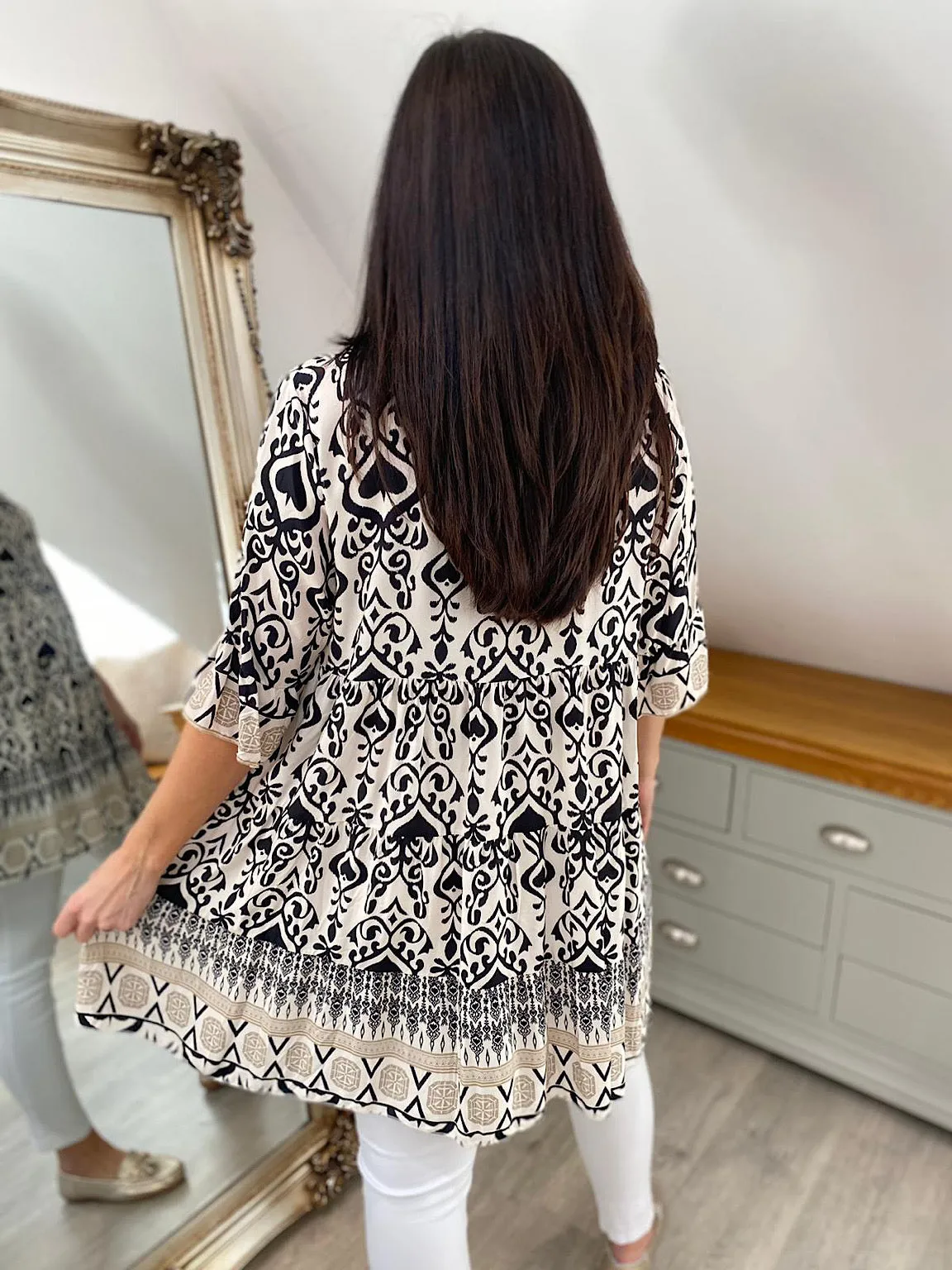 Black Flared Sleeve Tunic with Multiple Patterns - Rachel