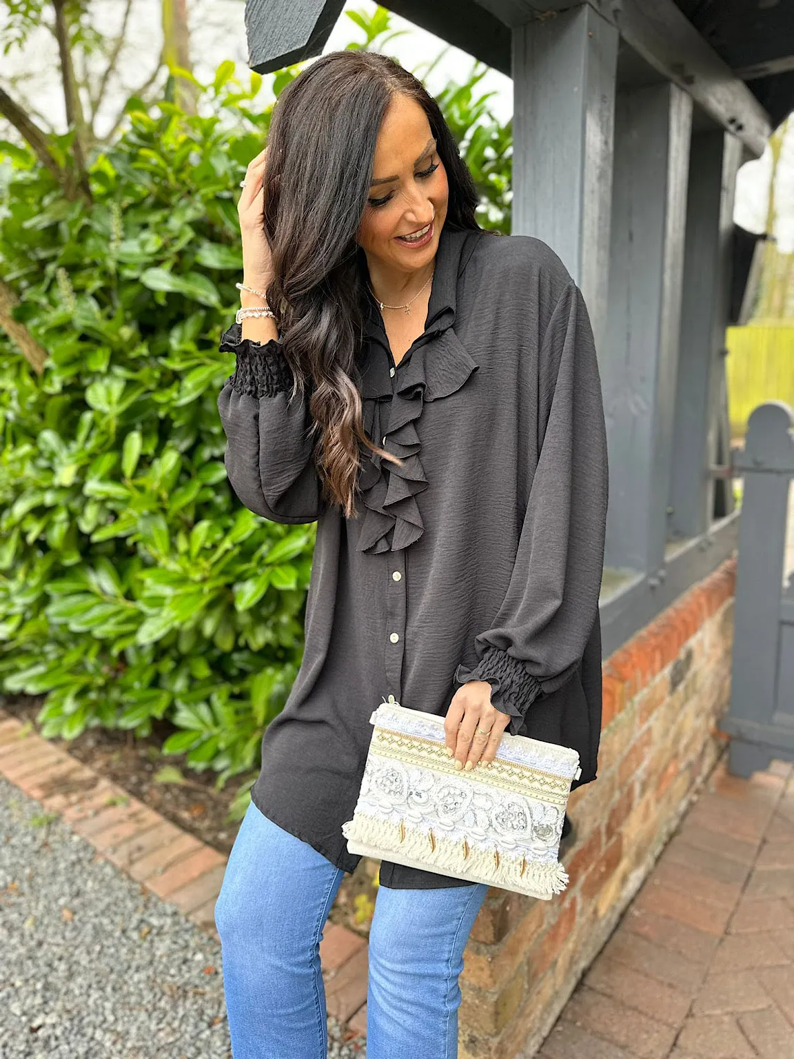 Black Ruffle Front Blouse Annie