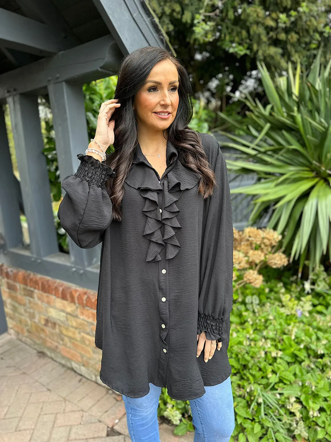 Black Ruffle Front Blouse Annie