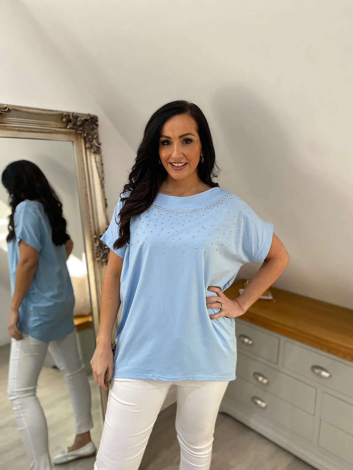 Blue Studded Top with Round Neck - Sabrina