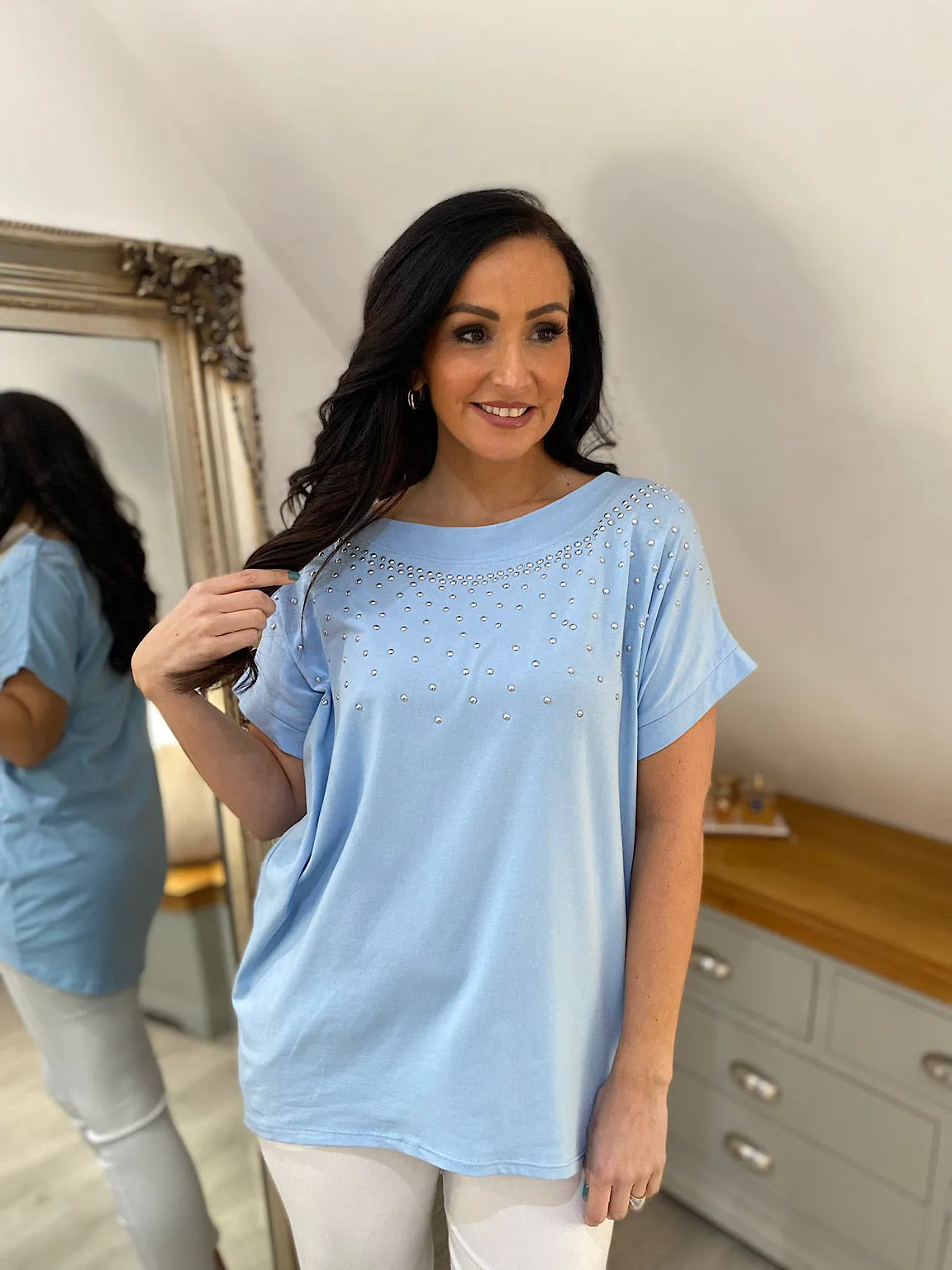 Blue Studded Top with Round Neck - Sabrina