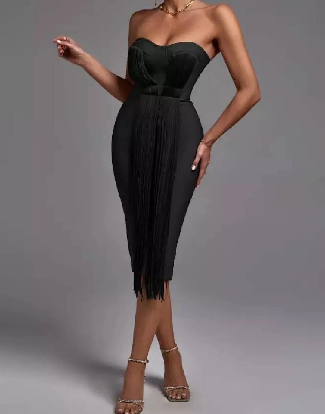 Bodycon Bandage Fringed Midi Dress - Trendy Fashion