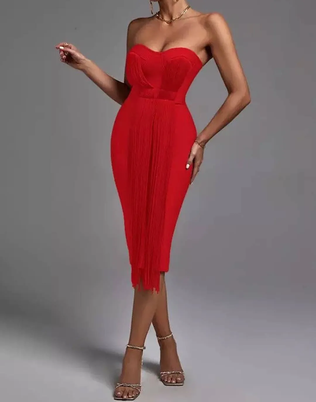 Bodycon Bandage Fringed Midi Dress - Trendy Fashion