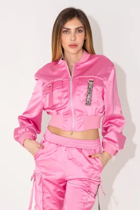 Bomber jacket made of satin fabric.