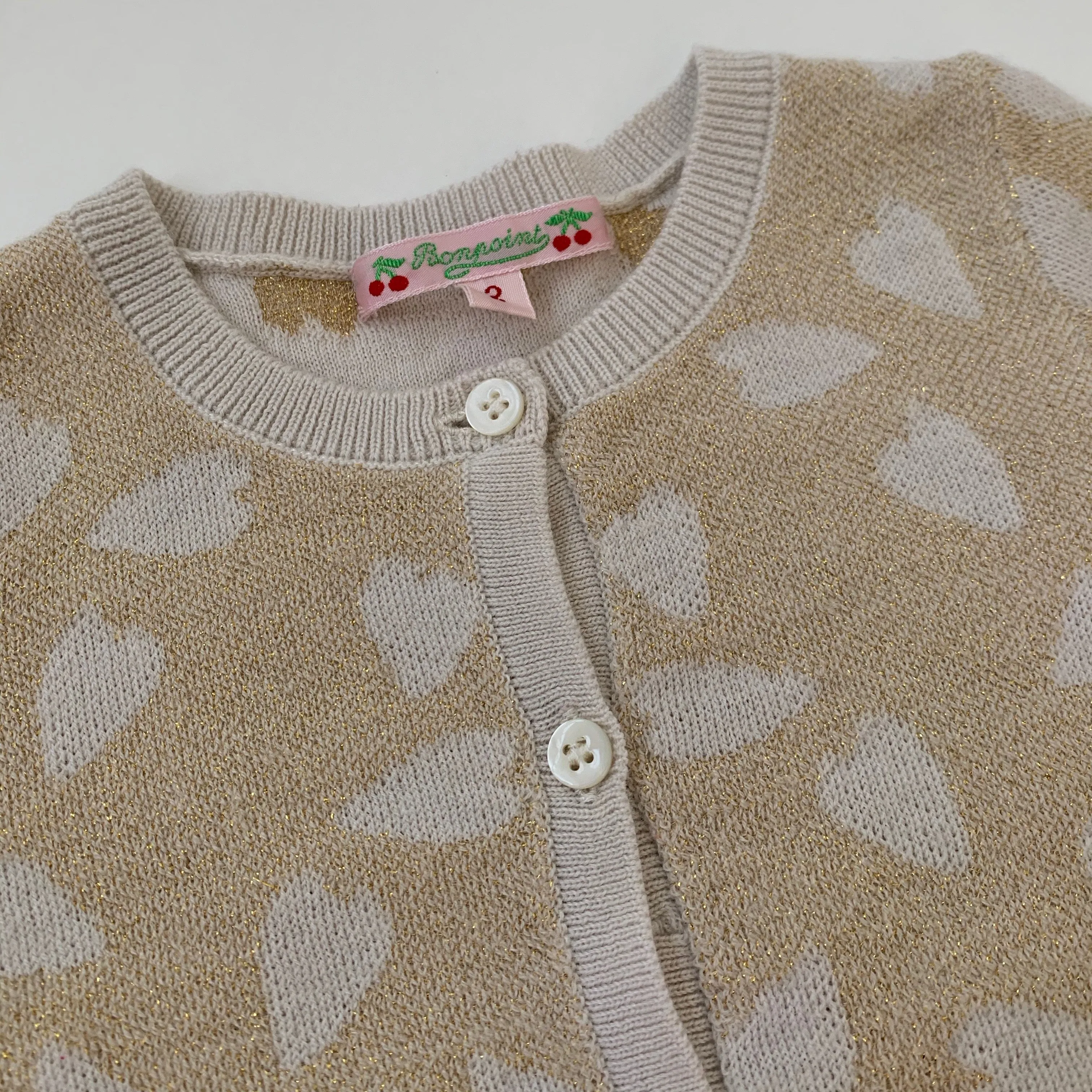 Bonpoint Cream Gold Heart Print Cardigan - 12 Months