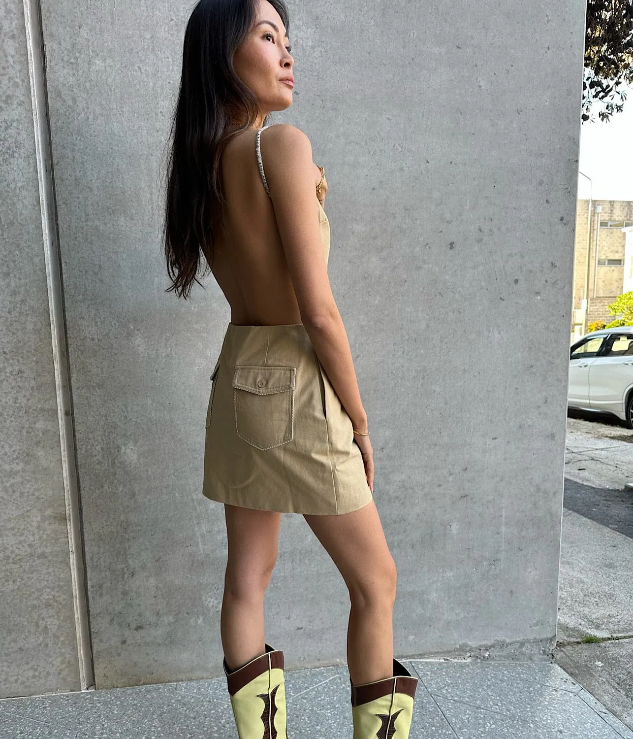 Cargo Pinafore Mini Dress Khaki