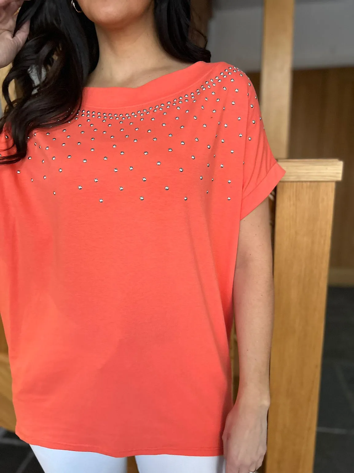 Coral Studded Top with Round Neck - Sabrina