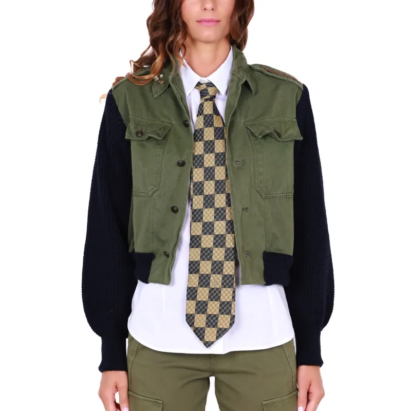 Cotton and Knit Bomber, Green