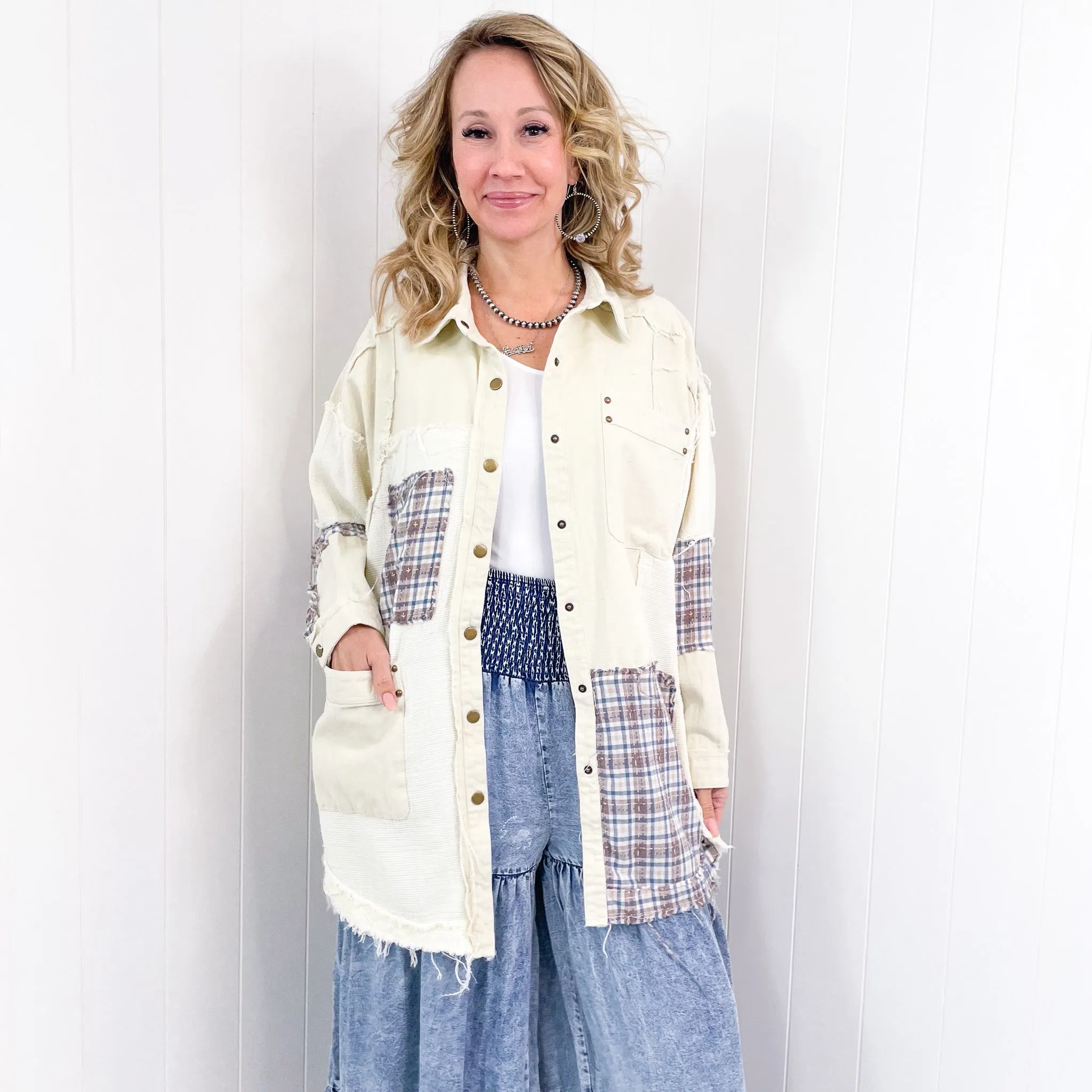 Dallas Blue Plaid and Cream Snap Button Longline Top