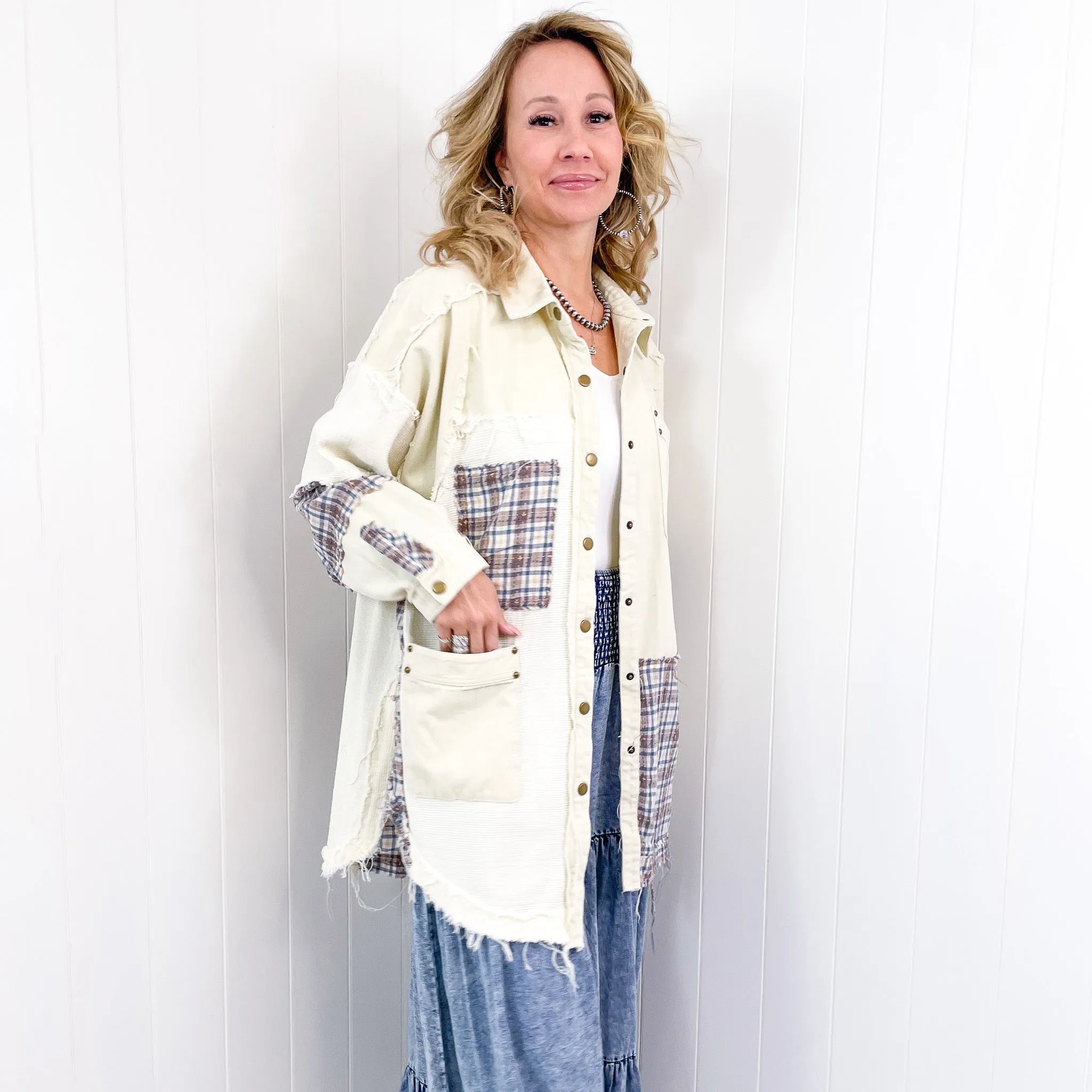 Dallas Blue Plaid and Cream Snap Button Longline Top