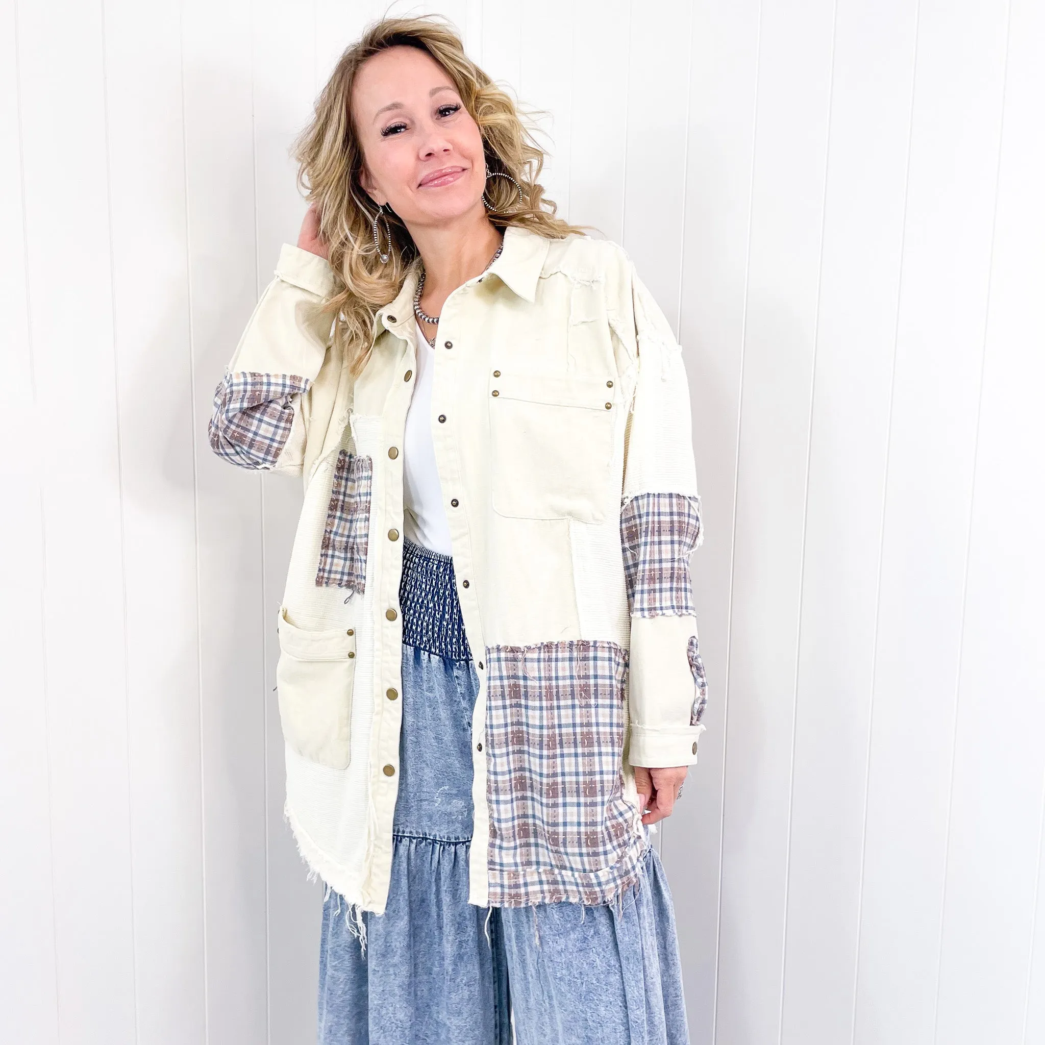 Dallas Blue Plaid and Cream Snap Button Longline Top