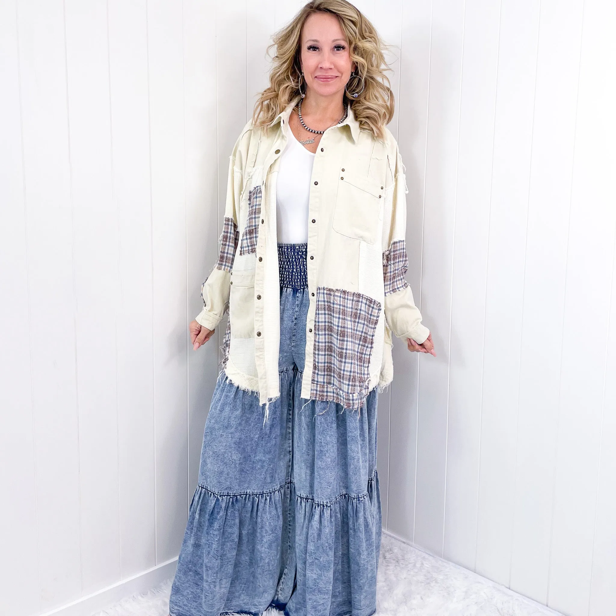 Dallas Blue Plaid and Cream Snap Button Longline Top