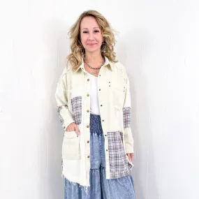 Dallas Blue Plaid and Cream Snap Button Longline Top