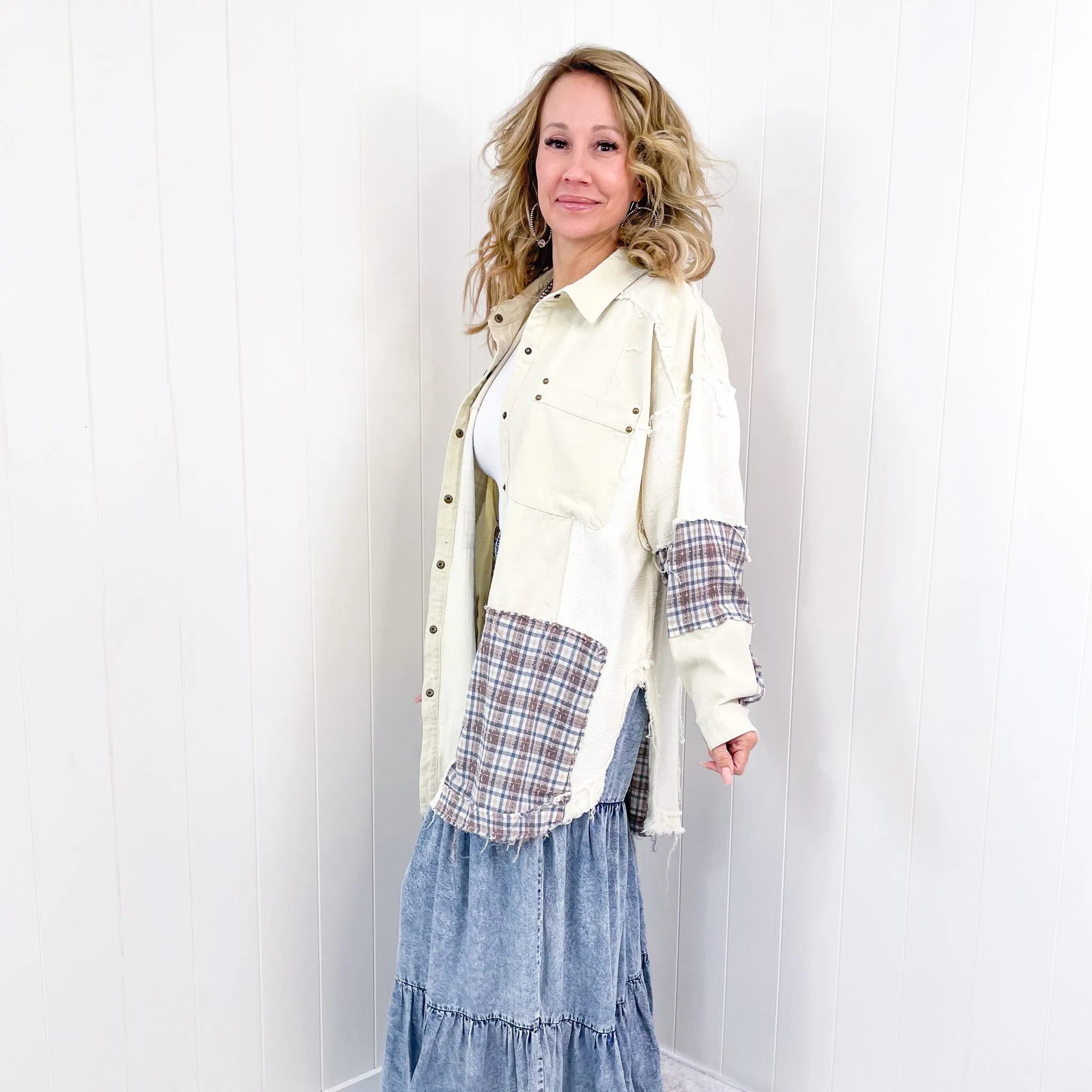 Dallas Blue Plaid and Cream Snap Button Longline Top