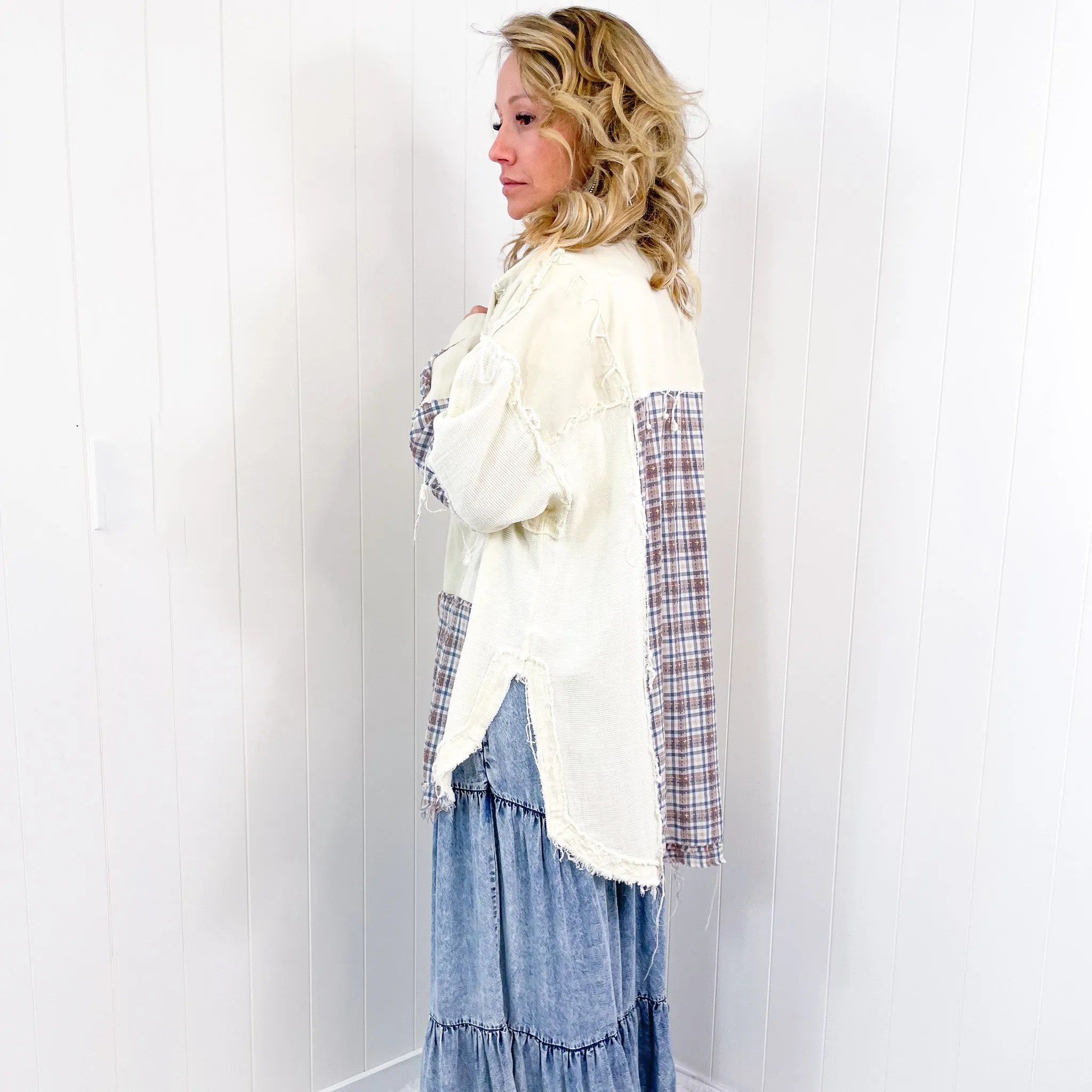 Dallas Blue Plaid and Cream Snap Button Longline Top