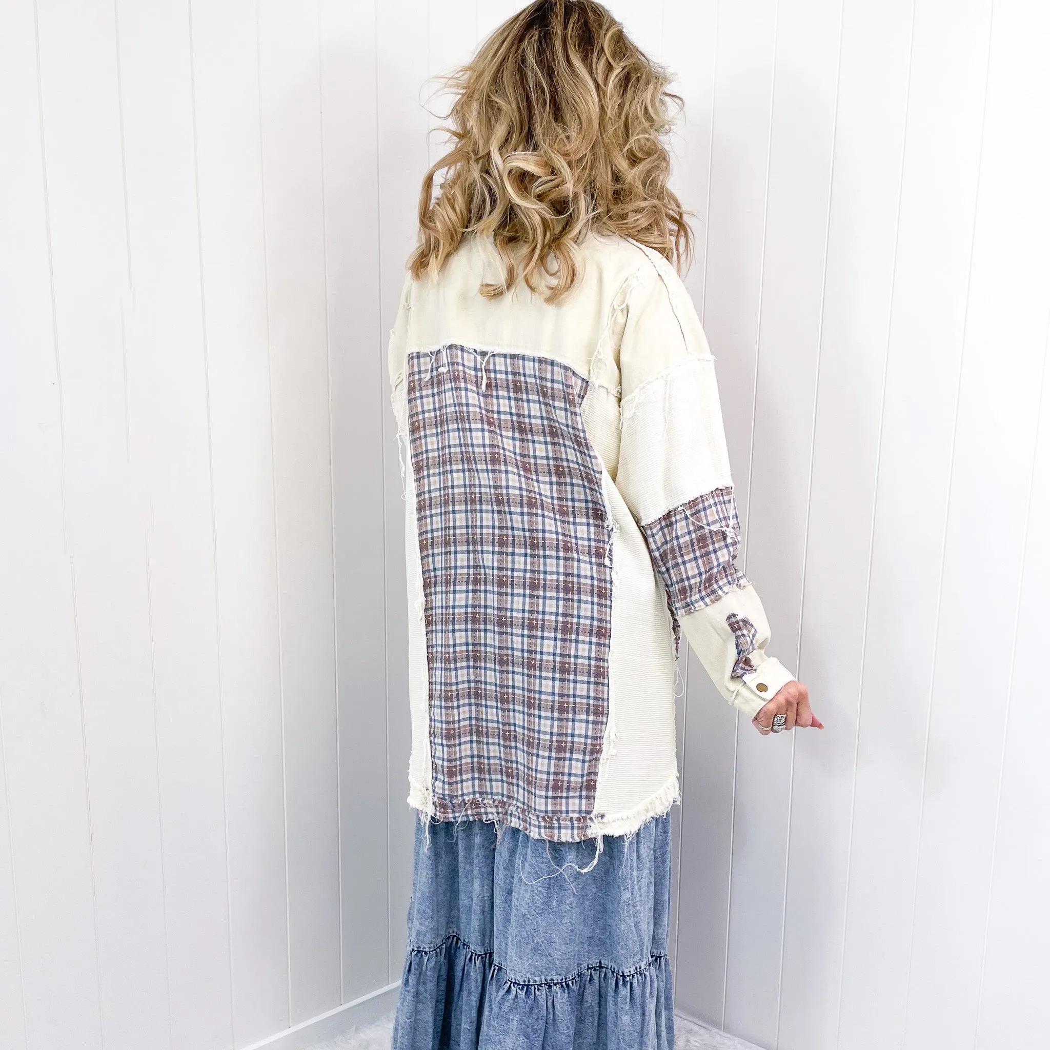 Dallas Blue Plaid and Cream Snap Button Longline Top