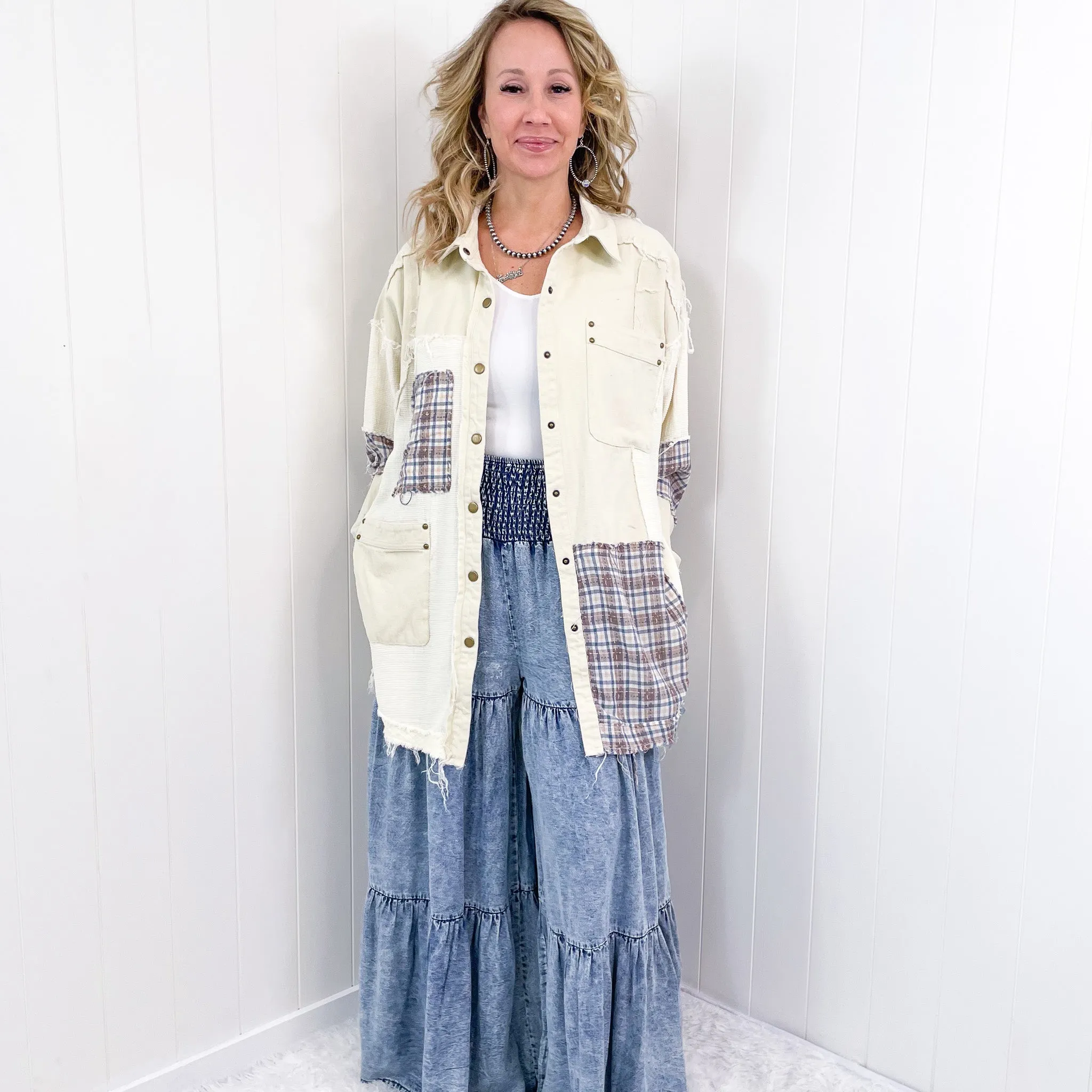 Dallas Blue Plaid and Cream Snap Button Longline Top