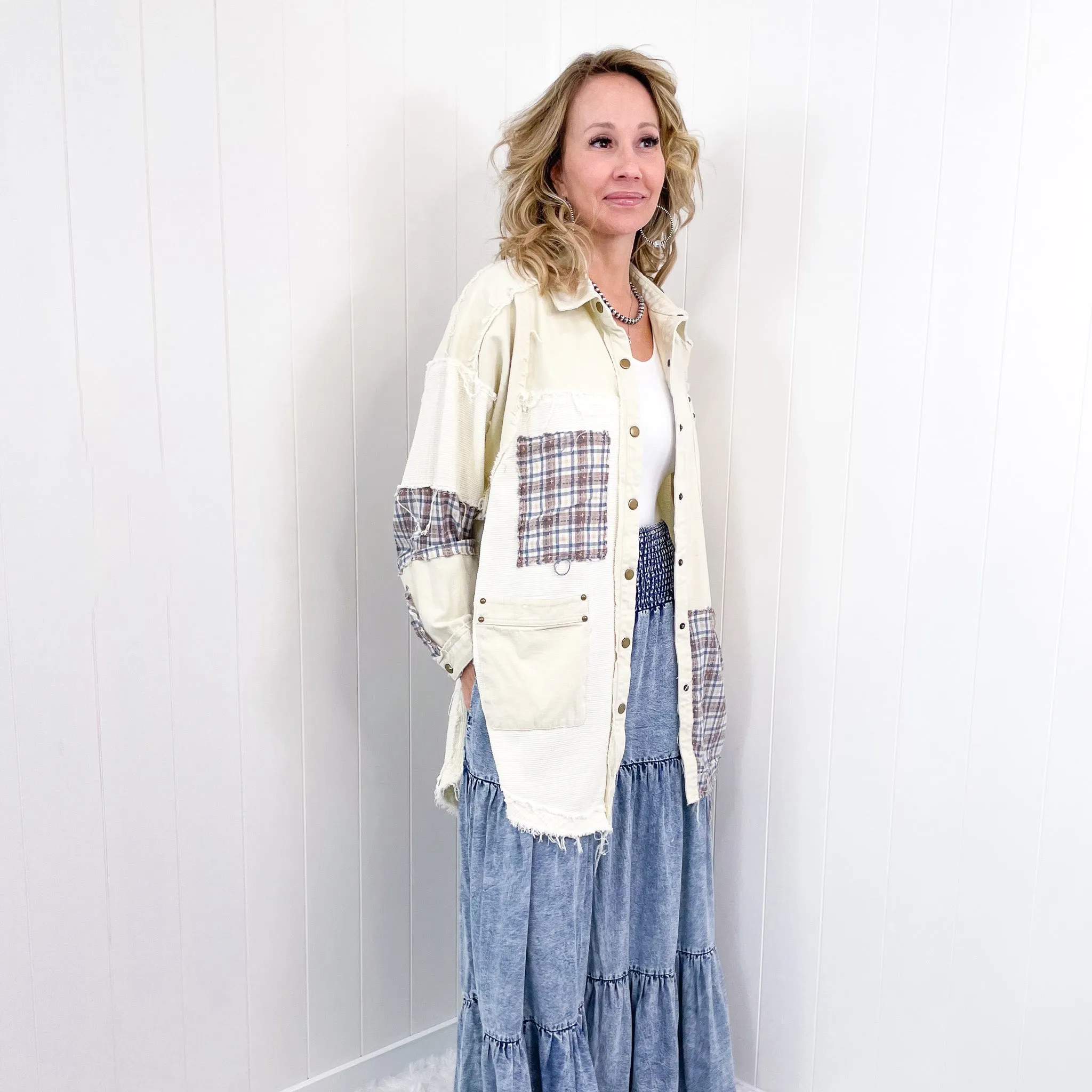 Dallas Blue Plaid and Cream Snap Button Longline Top