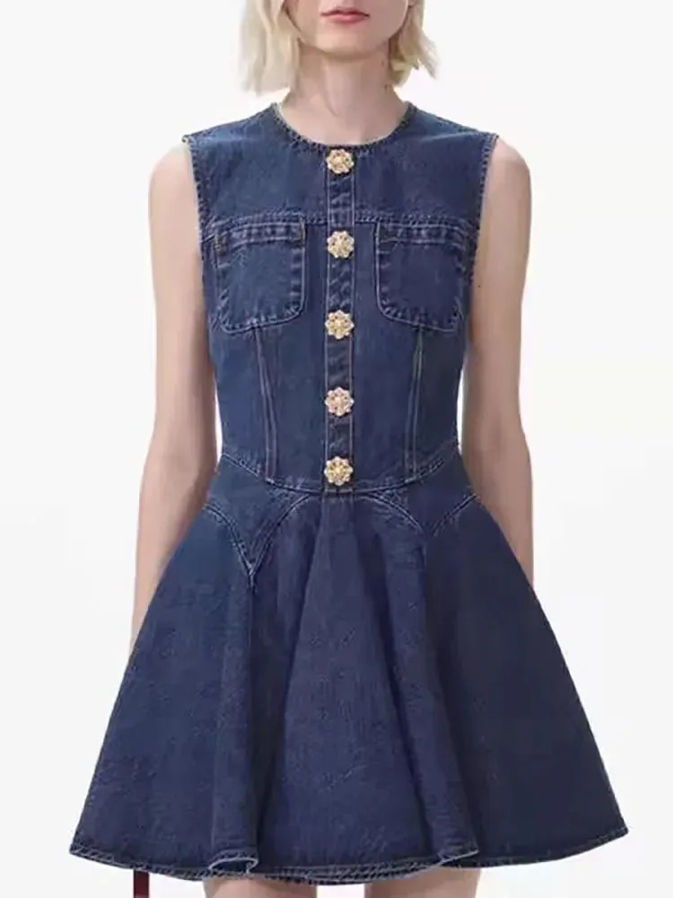 Denim Mini Dress - Fluted Pleated Skirt: Shop Now!