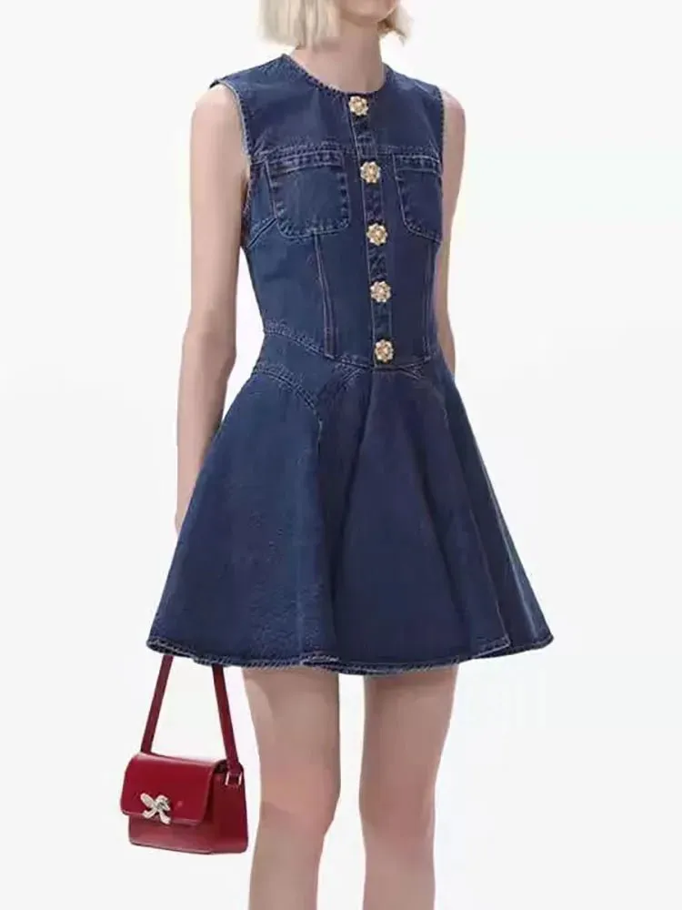 Denim Mini Dress - Fluted Pleated Skirt: Shop Now!