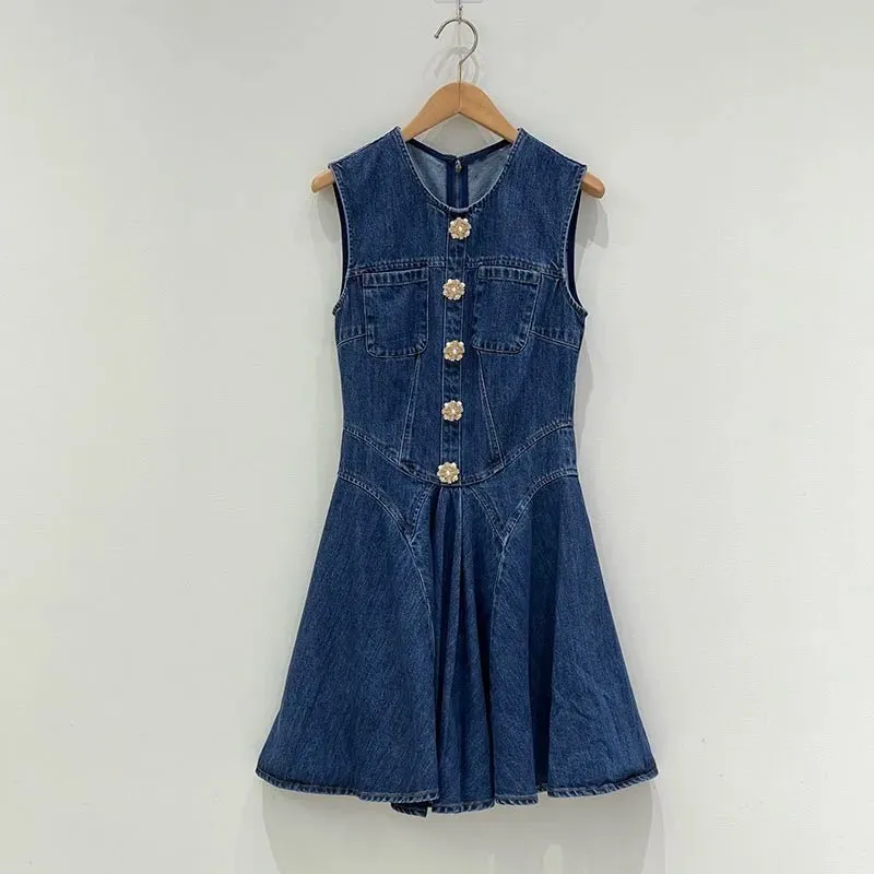 Denim Mini Dress - Fluted Pleated Skirt: Shop Now!