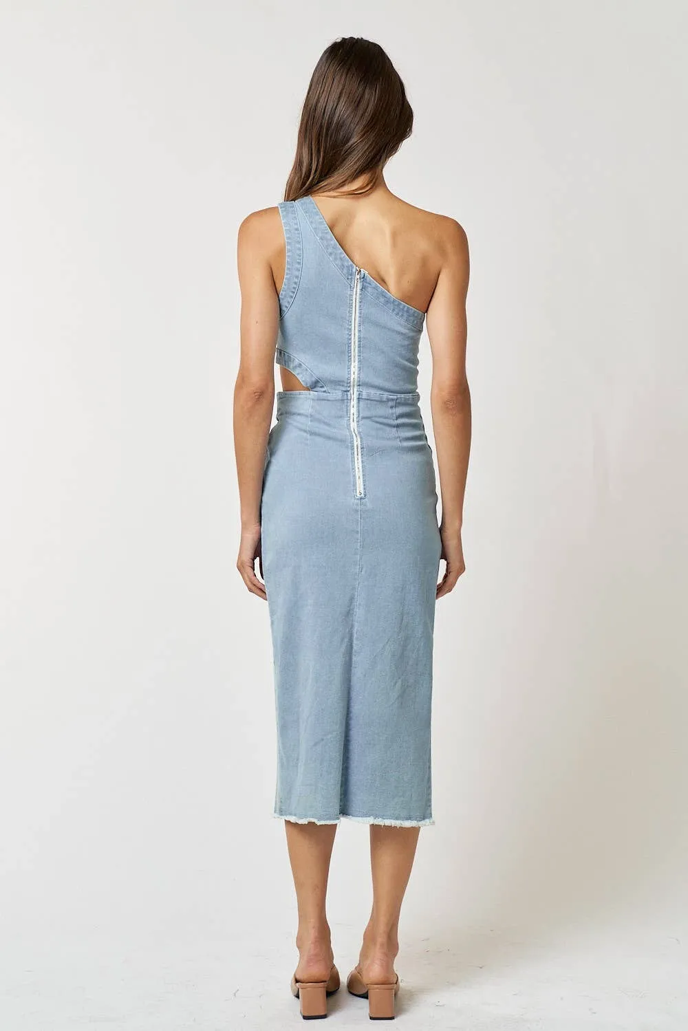 Denim one shoulder dress with cut out details and midi length.