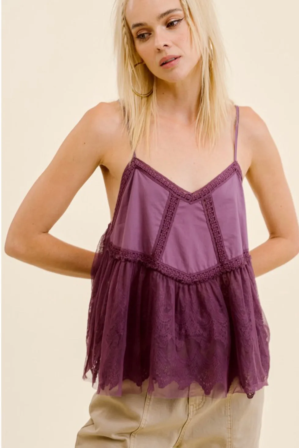 Dusty Lavender Ruffled Camisole Top with Sweetheart Neckline and Flared Hem