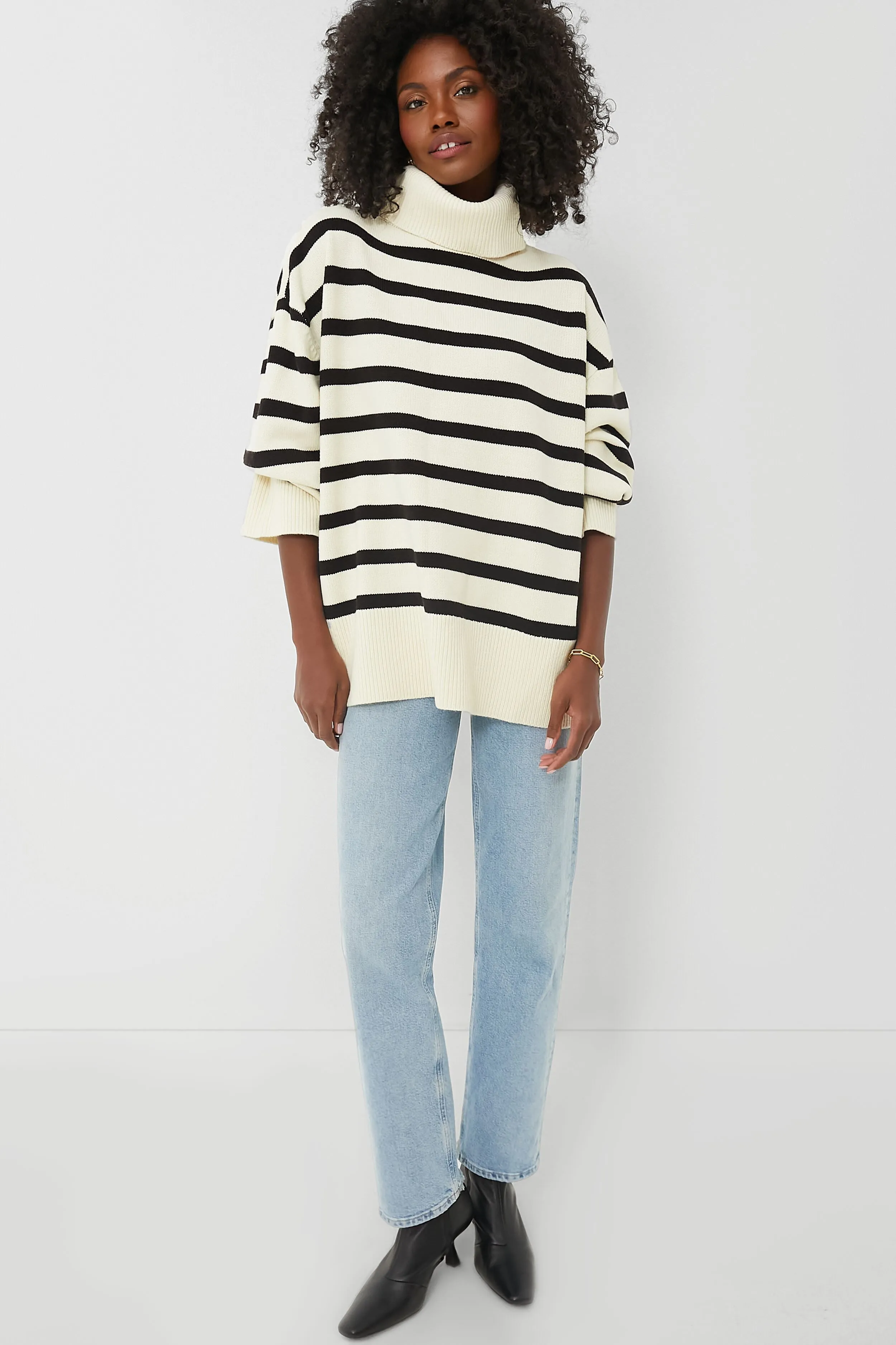 Ecru and Black Striped Turtleneck Sweater