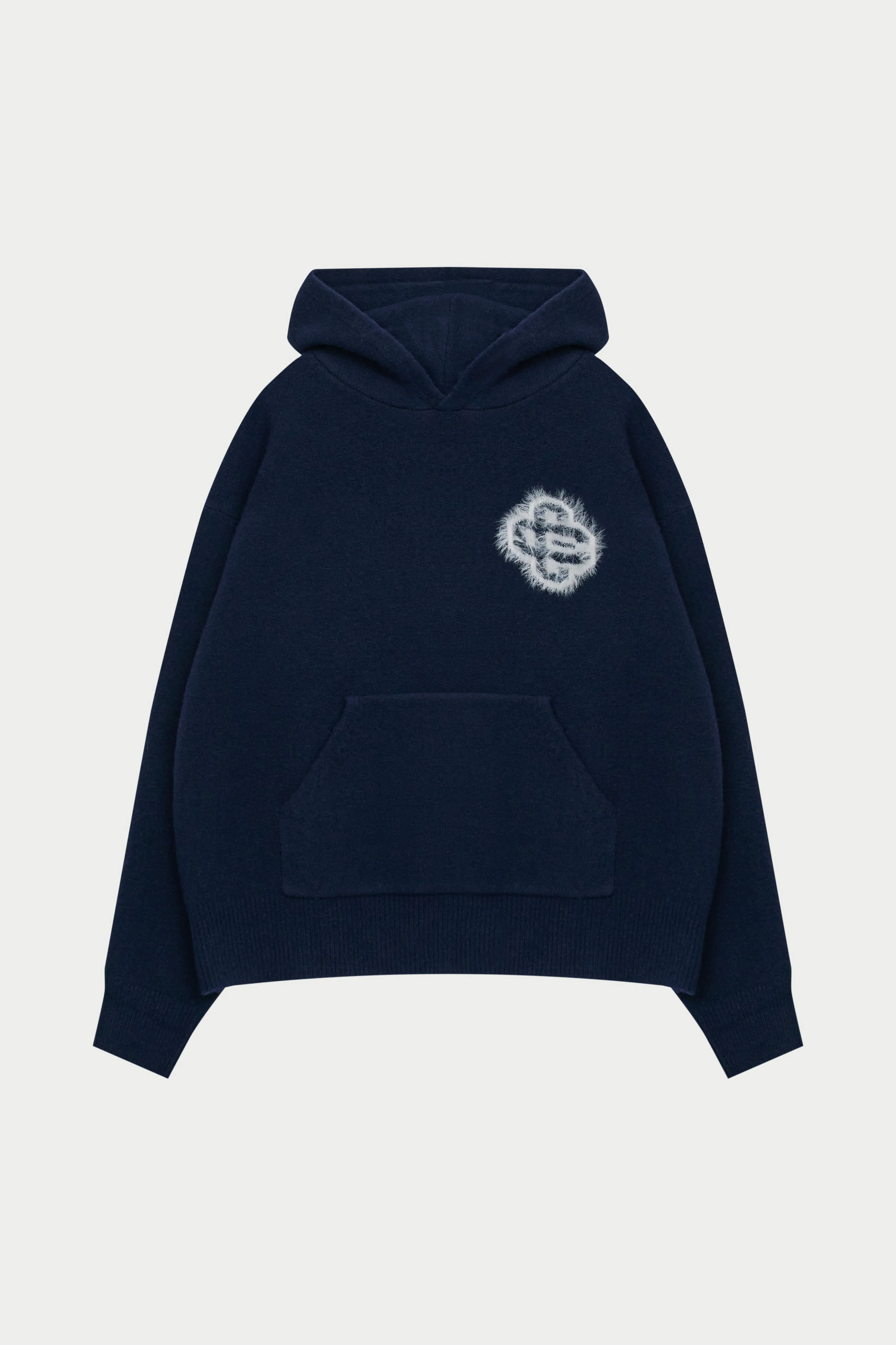 FLUFFY EMBLEM KNITTED HOODIE - NAVY