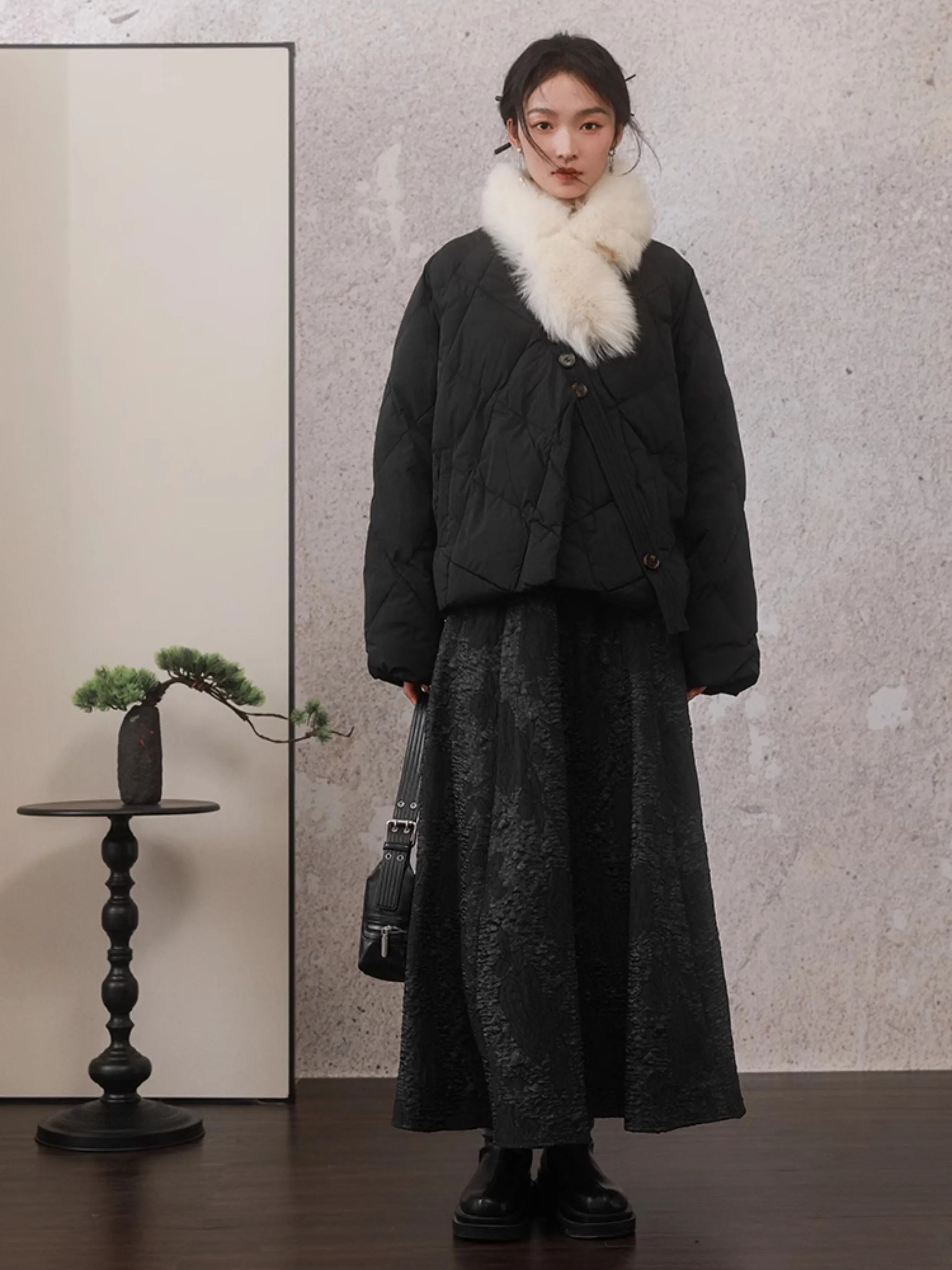 Fur Collar Detachable Slanted Lapel Down Jacket