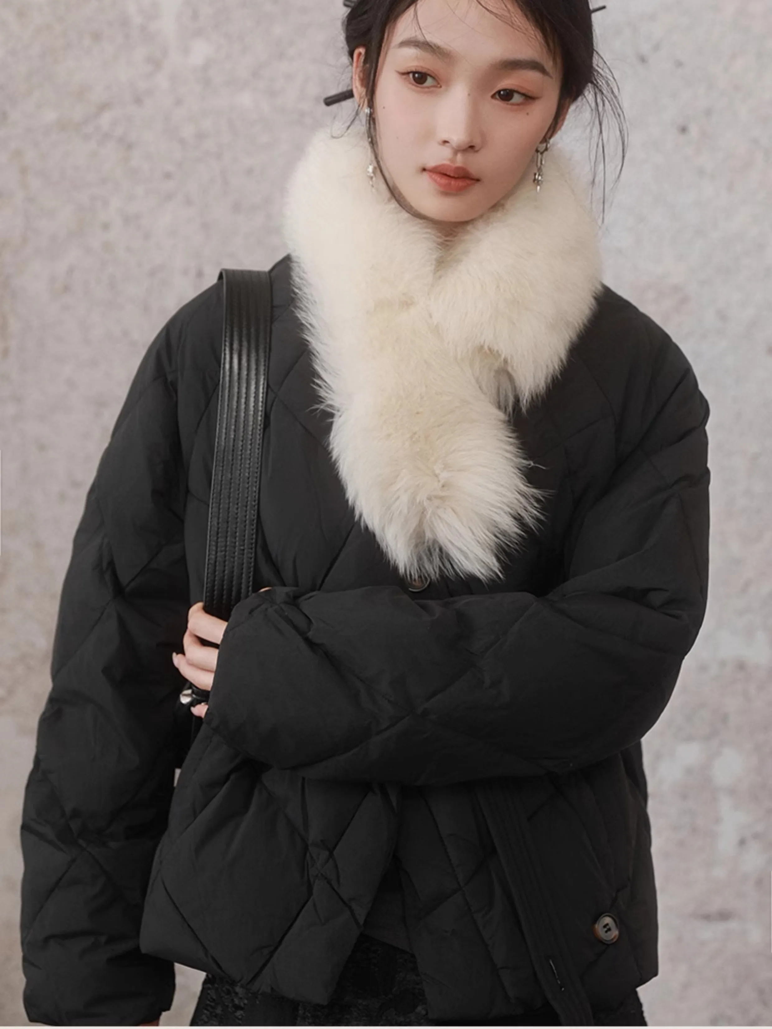 Fur Collar Detachable Slanted Lapel Down Jacket