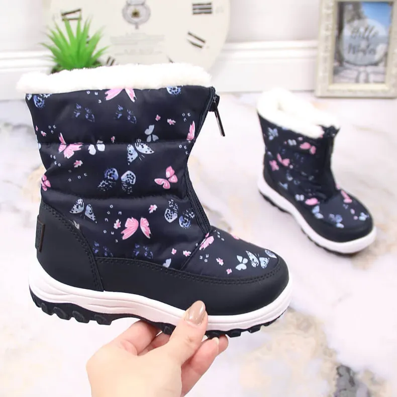 Girls' snow boots with insulated butterflies Big Star KK374236 navy blue blue pink