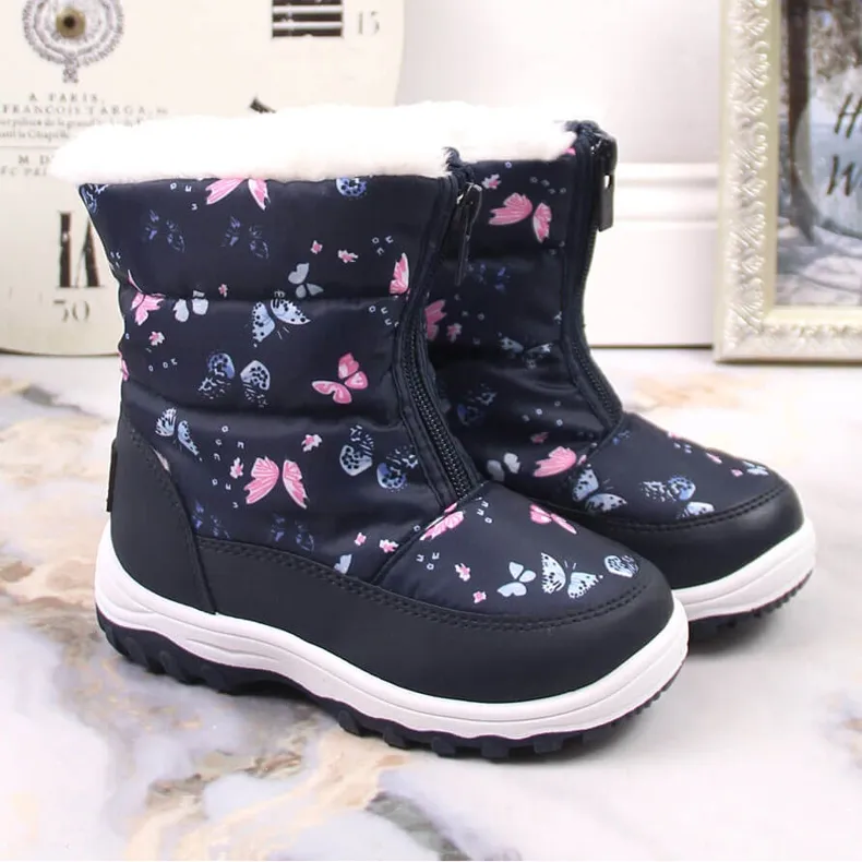 Girls' snow boots with insulated butterflies Big Star KK374236 navy blue blue pink