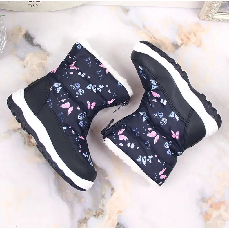 Girls' snow boots with insulated butterflies Big Star KK374236 navy blue blue pink