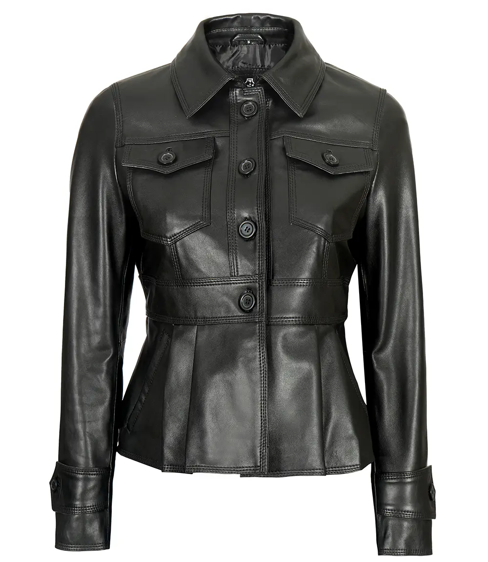 Gladys Women's Black short body Peplum Leather Jacket