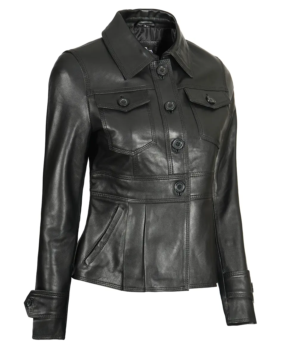 Gladys Women's Black short body Peplum Leather Jacket