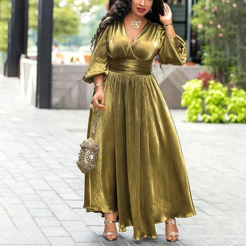 Golden Shimmer Lantern Sleeve Maxi Dress