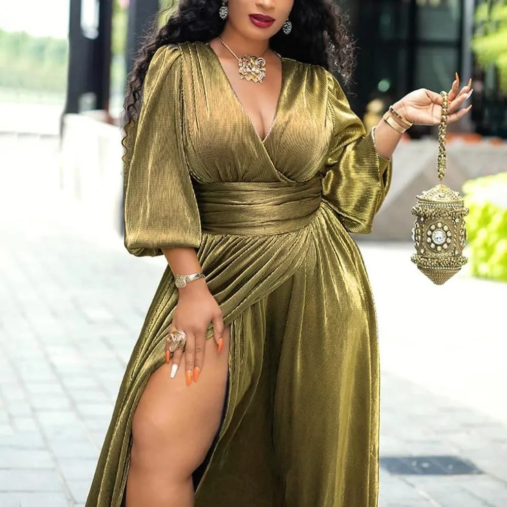 Golden Shimmer Lantern Sleeve Maxi Dress